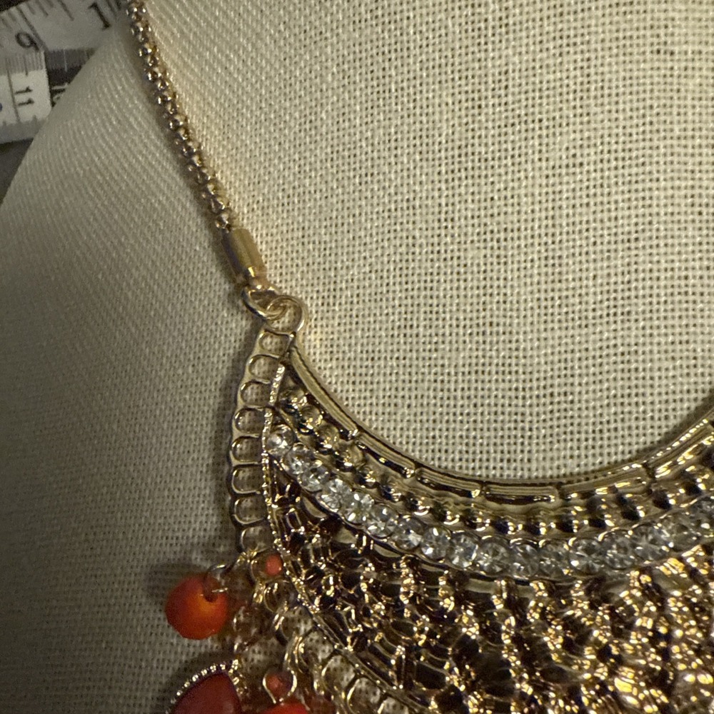 Bijou Gold and‎ Burnt Orange Beaded Chain Link Statement Necklace New 2015 N1-10 - Picture 3 of 4